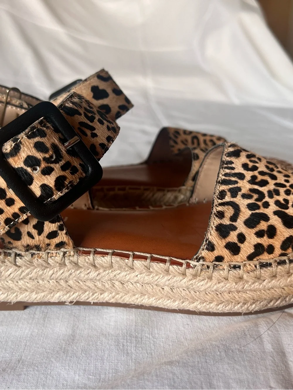 Gianni Bini Leopard Print Espadrille Wedge Sandals with Black Buckle